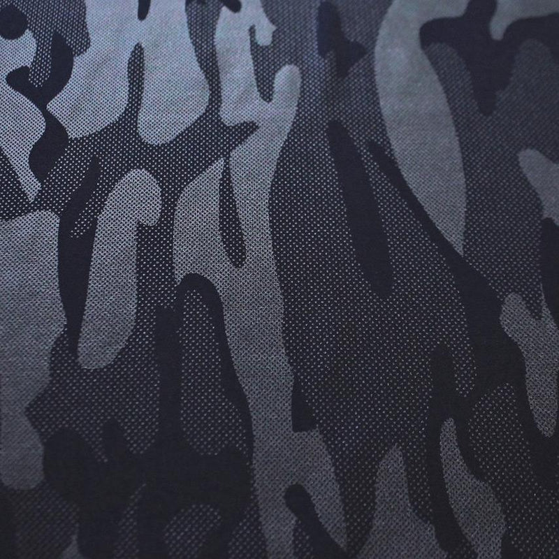 A flat sample of nugi foil printed spandex in the color matte navy.