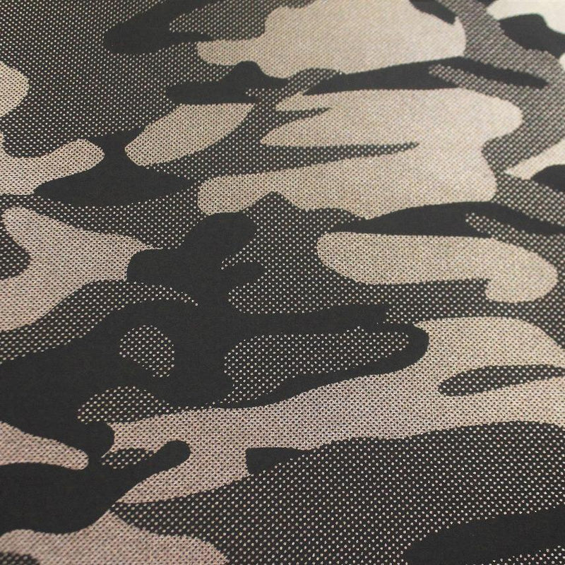 A flat sample of nugi foil printed spandex in the color olive-light gold.