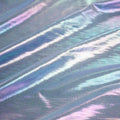 A flat sample of opal foiled spandex in the color blue.