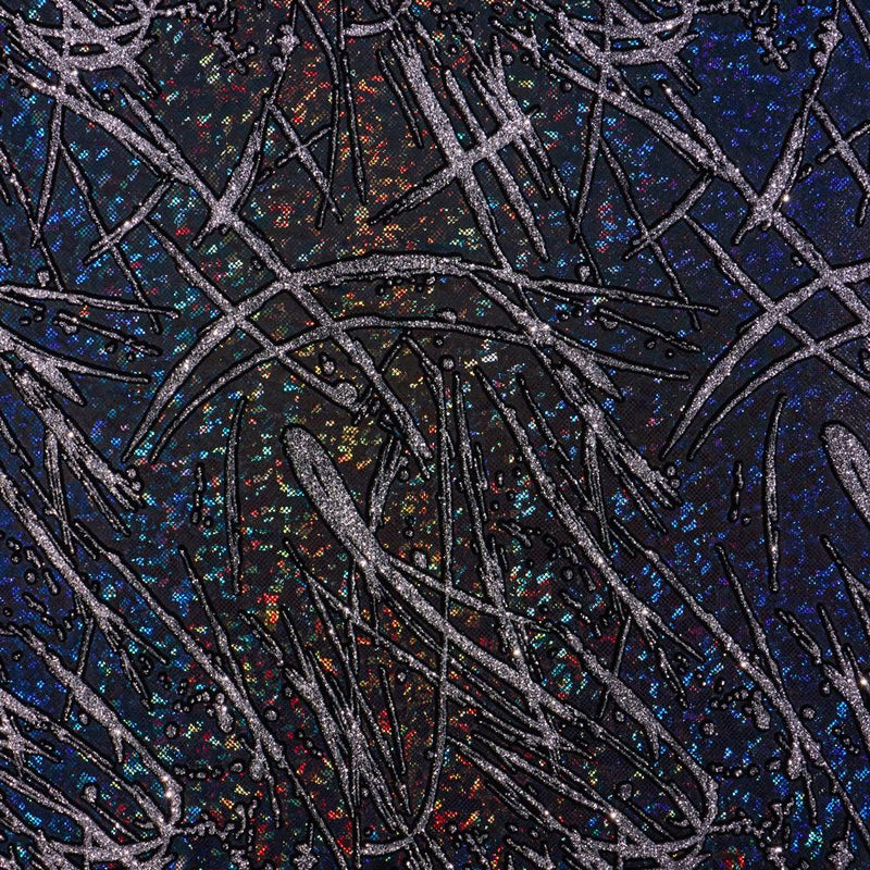A flat sample of pollock shattered glass foiled spandex in the color black.