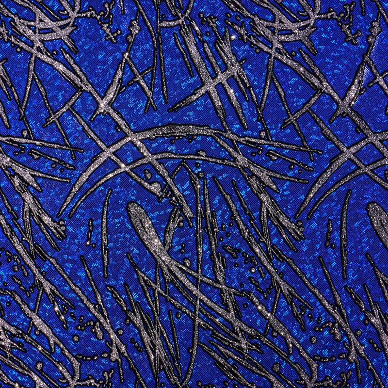 A flat sample of pollock shttered glass foiled spandex in the color royal blue.