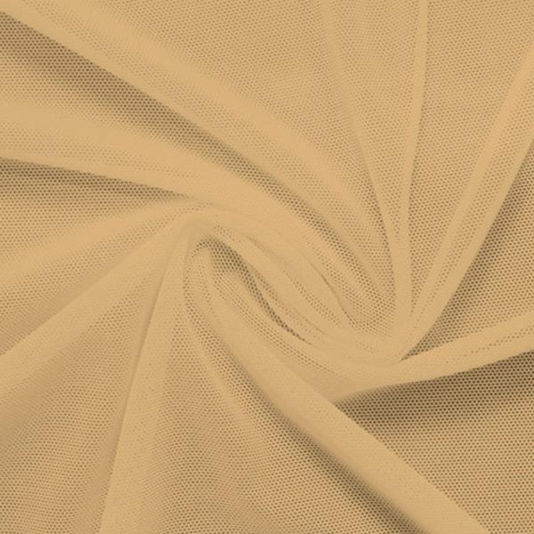 A swirled piece of nylon spandex power mesh in the color almond.