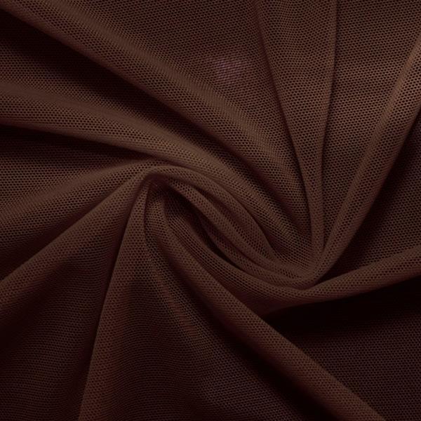 A swirled piece of nylon spandex power mesh in the color dark brown.