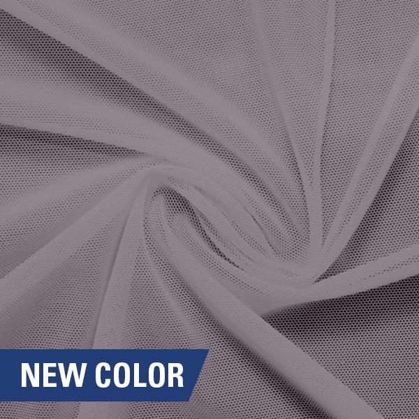 A swirled piece of nylon spandex power mesh in the color grape mist.