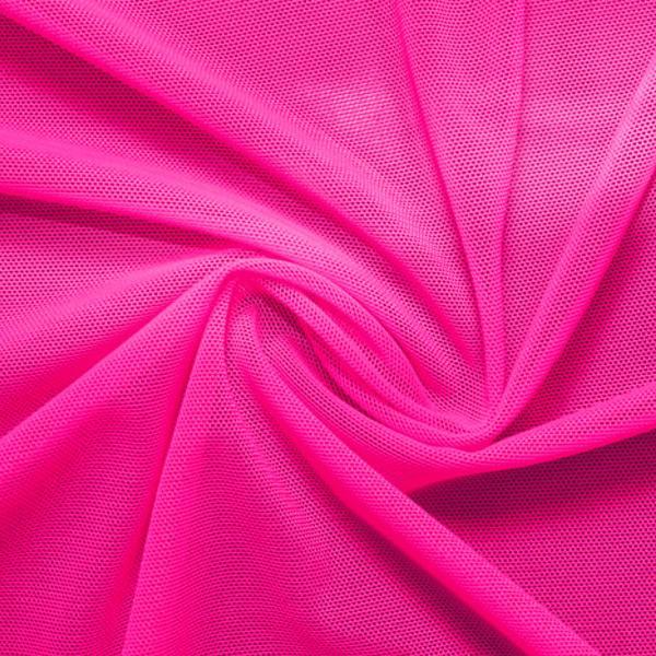A swirled piece of nylon spandex power mesh in the color neon pink.
