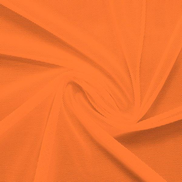 A swirled piece of nylon spandex power mesh in the color outrangeous orange.