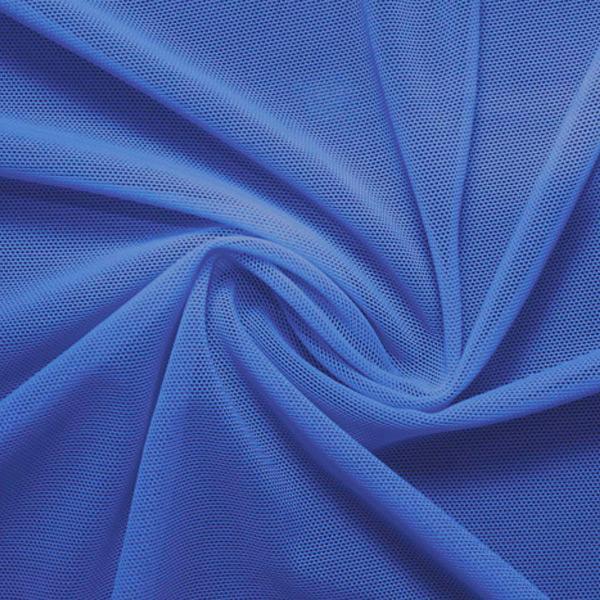 A swirled piece of nylon spandex power mesh in the color sedona blue.