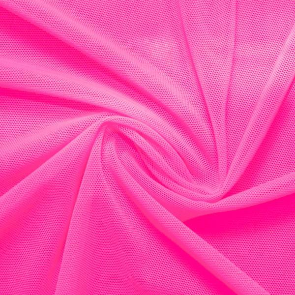 A swirled piece of nylon spandex power mesh in the color tropic pink.
