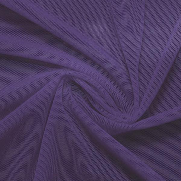 A swirled piece of nylon spandex power mesh in the color violet.