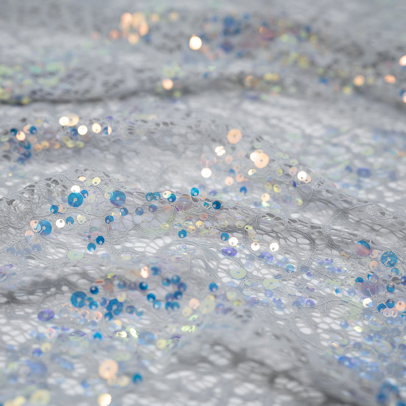 Detailed shot of Precious Stretch Lace Sequin in color Soft Grey Iridescent.