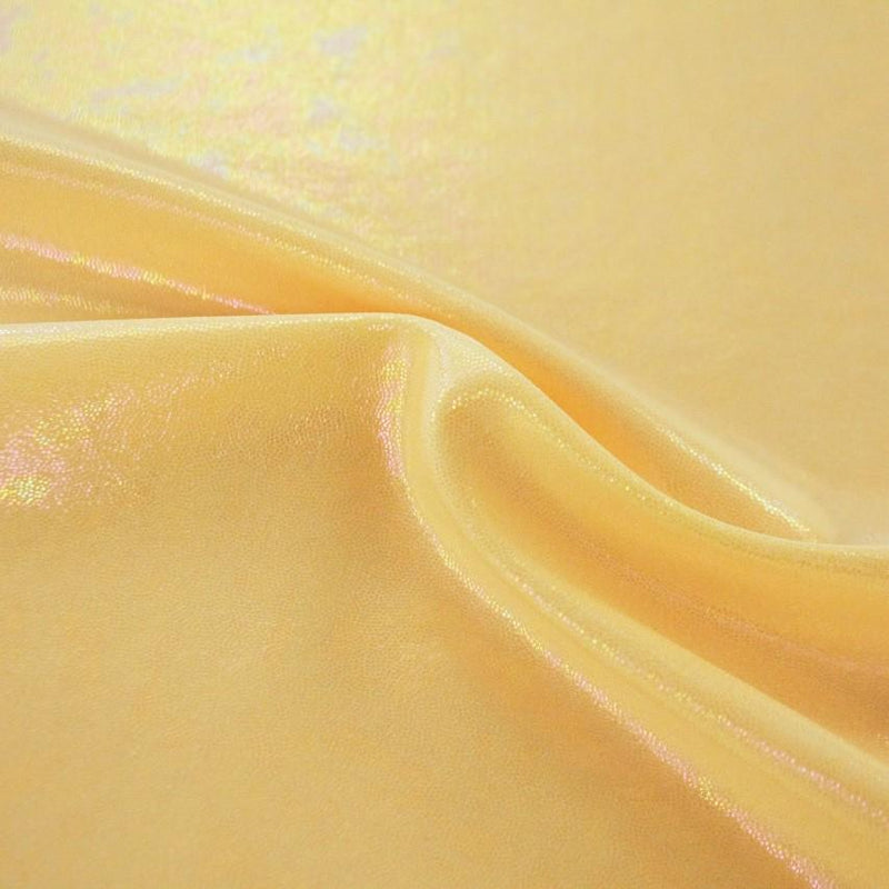 A swirled sample of popcorn polyester spandex jacquard in the color sunshine yellow.