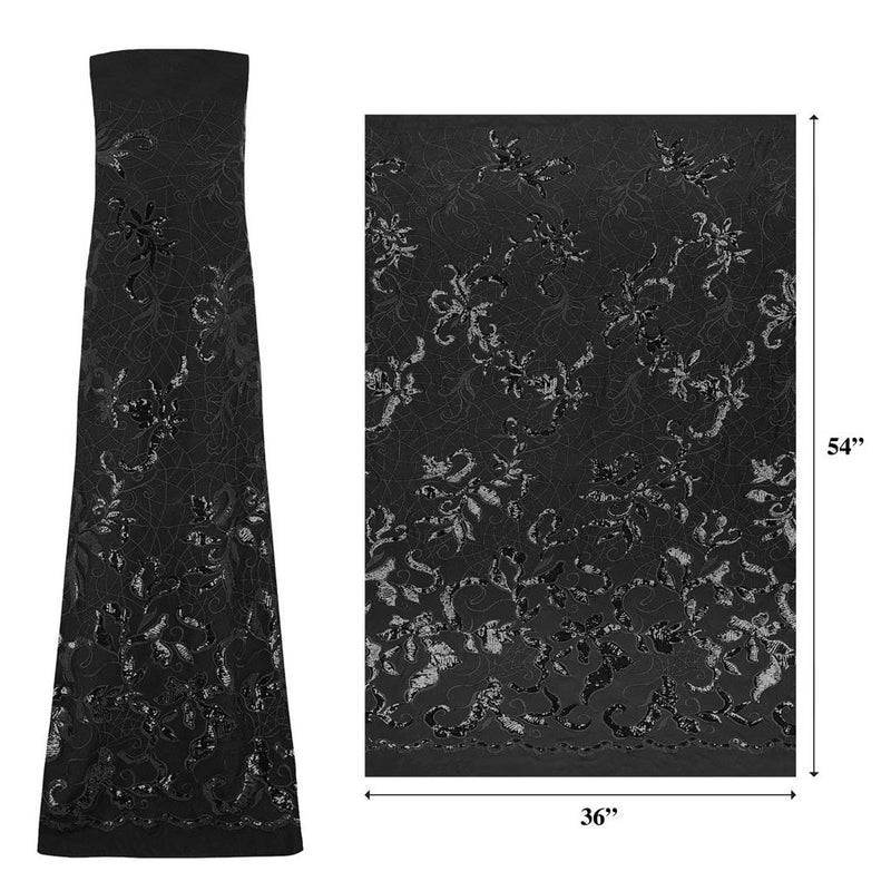 A measured panel of Renaissance, an embroidered design of leaves and vines with black sequin on a black stretch mesh base.