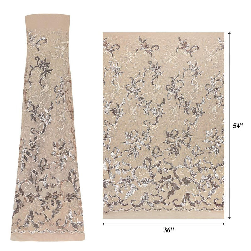 A measured panel of Renaissance, an embroidered design of leaves and vines with champagne-colored sequin on a champagne stretch mesh base.