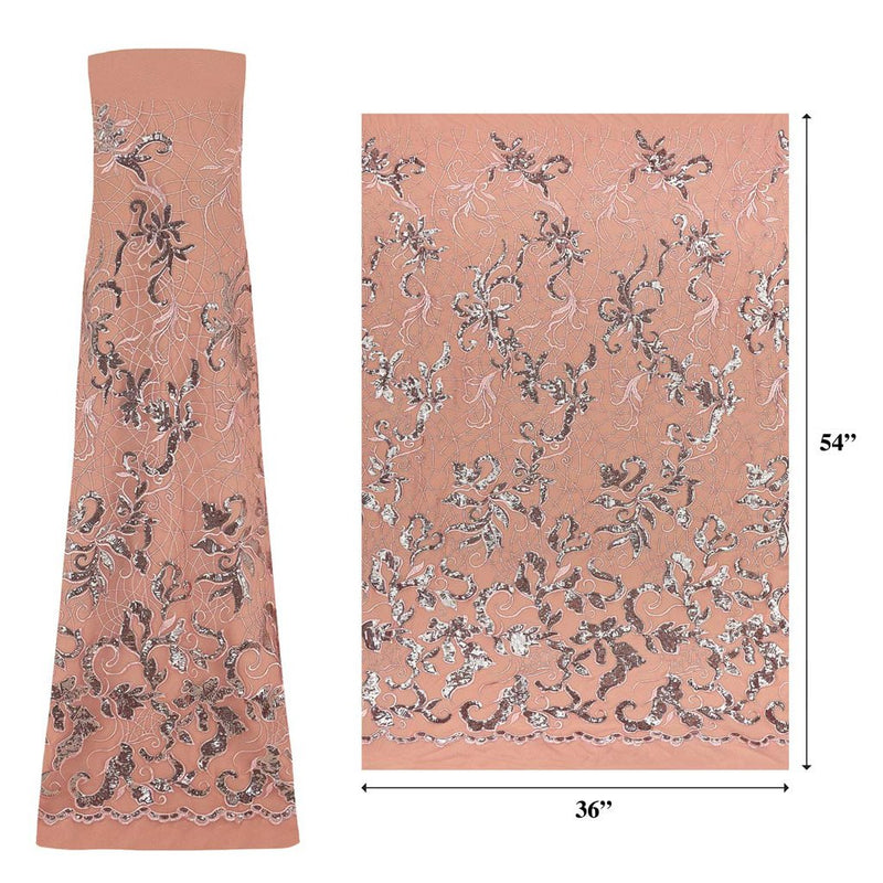 A measured panel of Renaissance, an embroidered design of leaves and vines with coral sequin on a coral stretch mesh base.