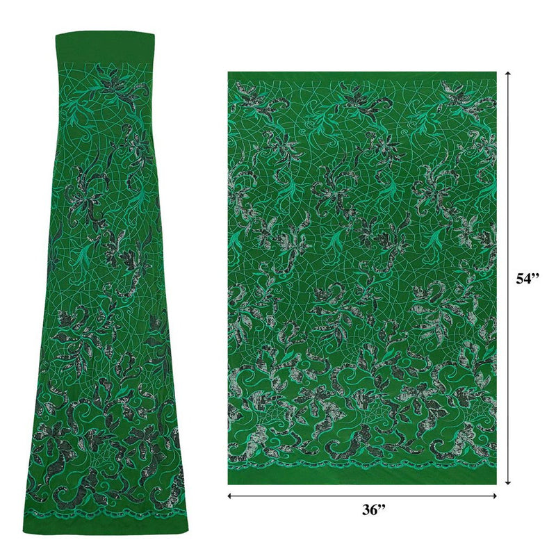A measured panel of Renaissance, an embroidered design of leaves and vines with green sequin on a green stretch mesh base.