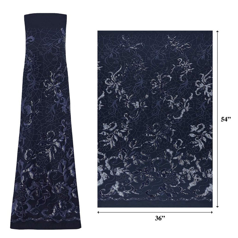A measured panel of Renaissance, an embroidered design of leaves and vines with navy sequin on a navy stretch mesh base.