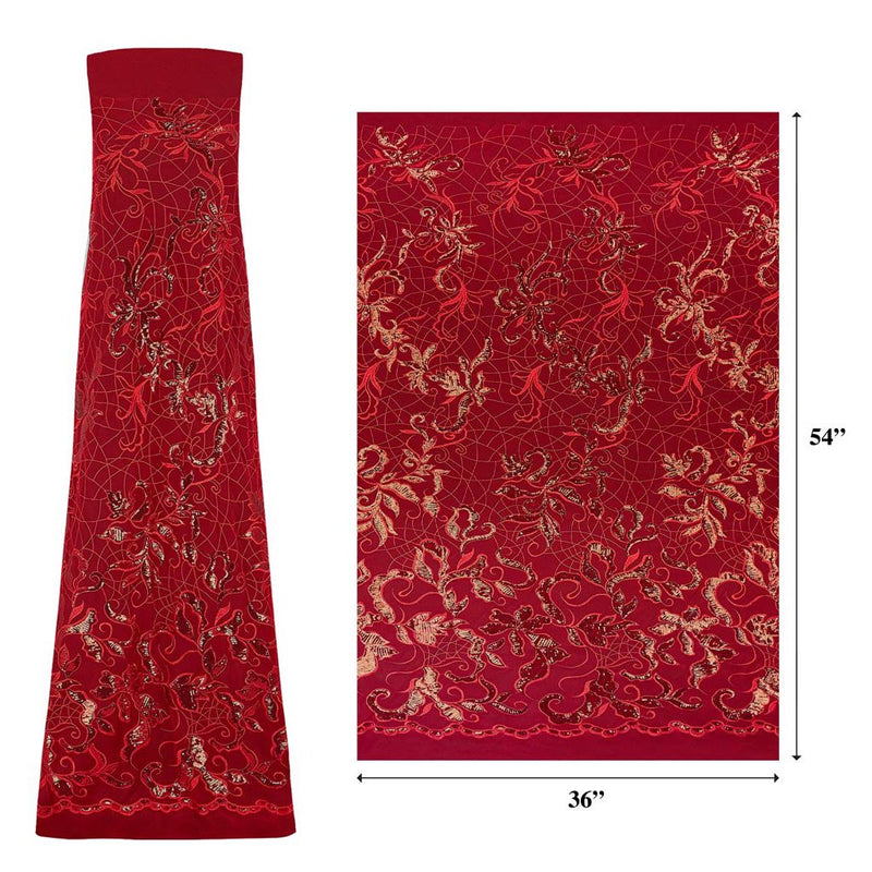 A measured panel of Renaissance, an embroidered design of leaves and vines with red sequin on a red stretch mesh base.