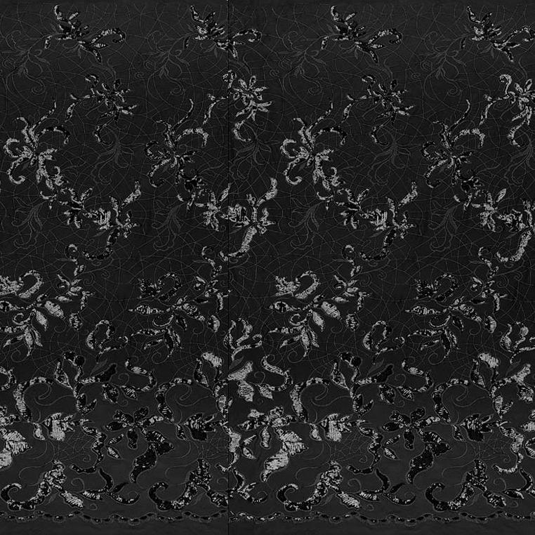A panel of Renaissance, an embroidered design of leaves and vines with black sequin on a black stretch mesh base.