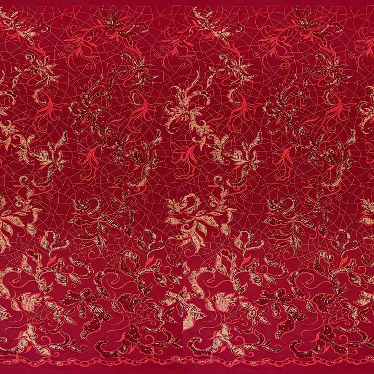 A panel of Renaissance, an embroidered design of leaves and vines with red sequin on a red stretch mesh base.