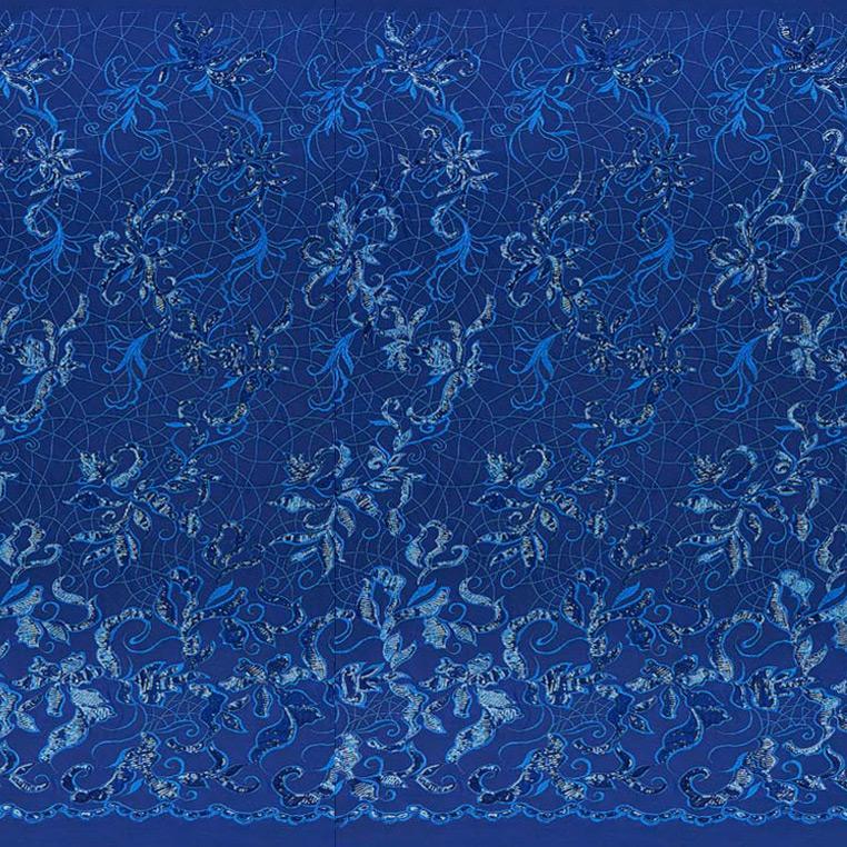 A panel of Renaissance, an embroidered design of leaves and vines with royal sequin on a royal stretch mesh base.