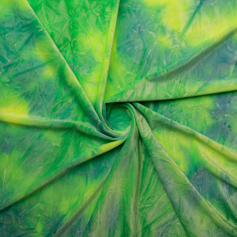 A swirled sample of renegade tie-dyed stretch velvet in Lime.