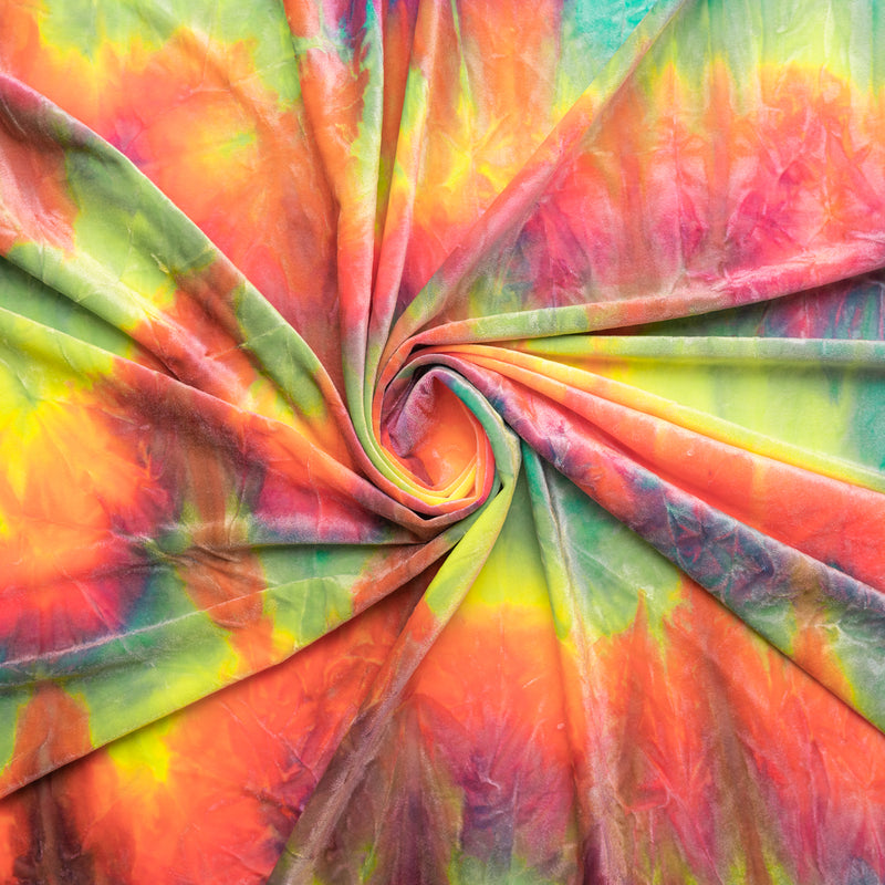 A swirled sample of renegade tie-dyed stretch velvet in Pastel Rainbow.
