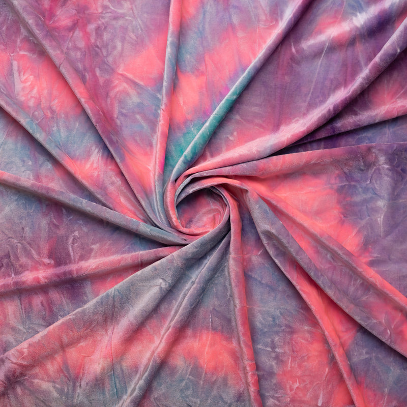 A swirled sample of renegade tie-dyed stretch velvet in Purple.