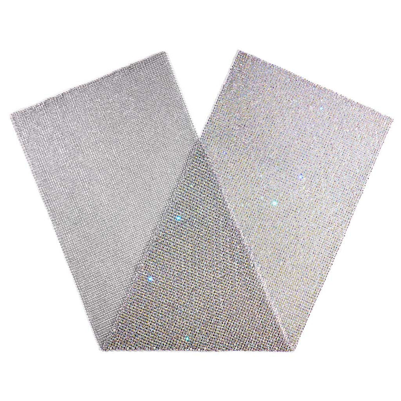 A folded sample of rhinestone aluminum scale mesh in iridescent tones.