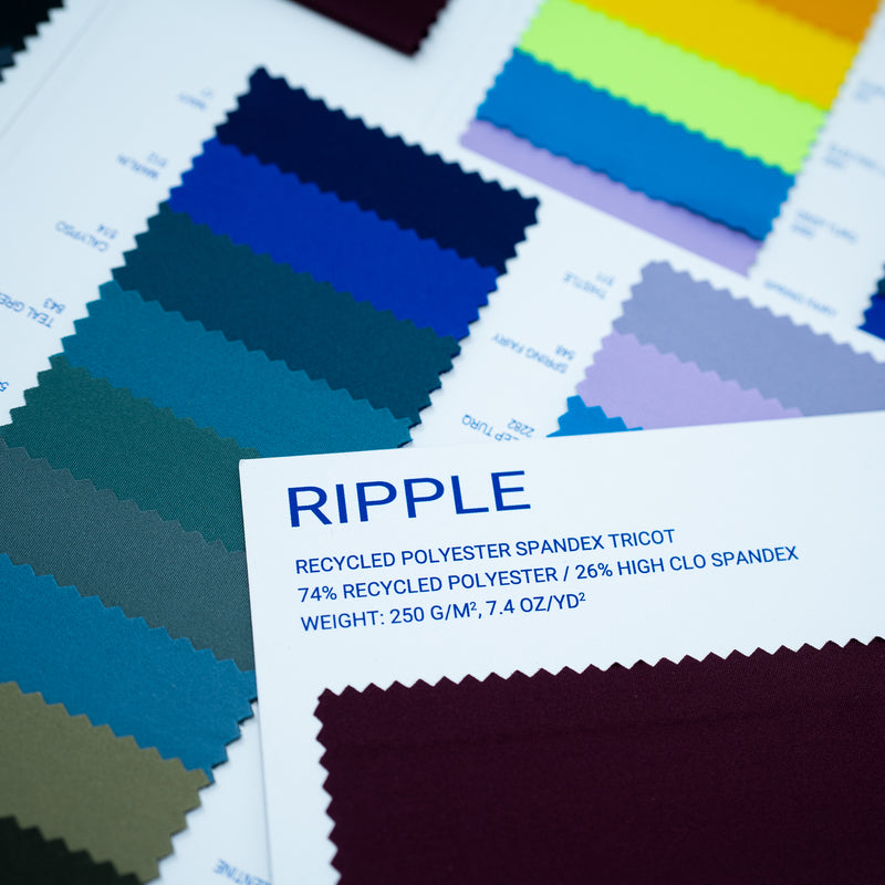 Detailed shot of inside spread of the color card for Ripple Recycled Polyester Spandex.
