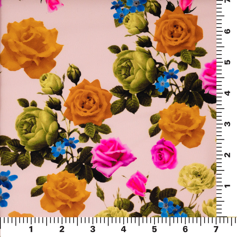 Detailed scale shot of Rose Garden Printed Spandex Fabric on a 7"x7" ruler. The print is of fluorescent pink, olive green and burnt orange roses on olive green colored stems with leaves with tiny blue flowers on a cream pink background. 