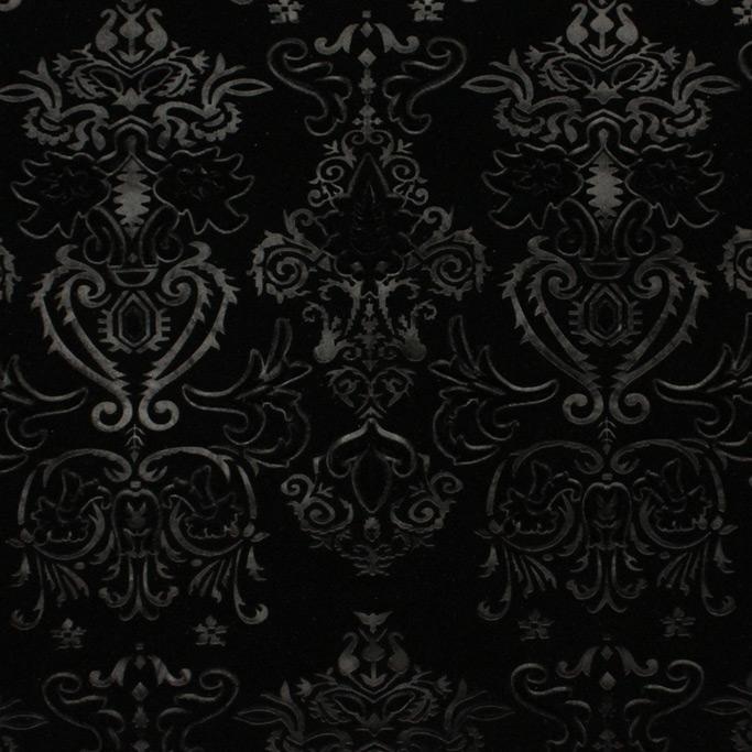 A flat sample of royalty embossed tretch velver in the color black.