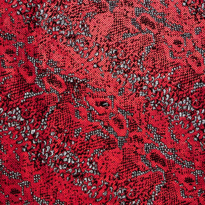 A flat sample of shakira shattered glass foiled spandex in the color red.