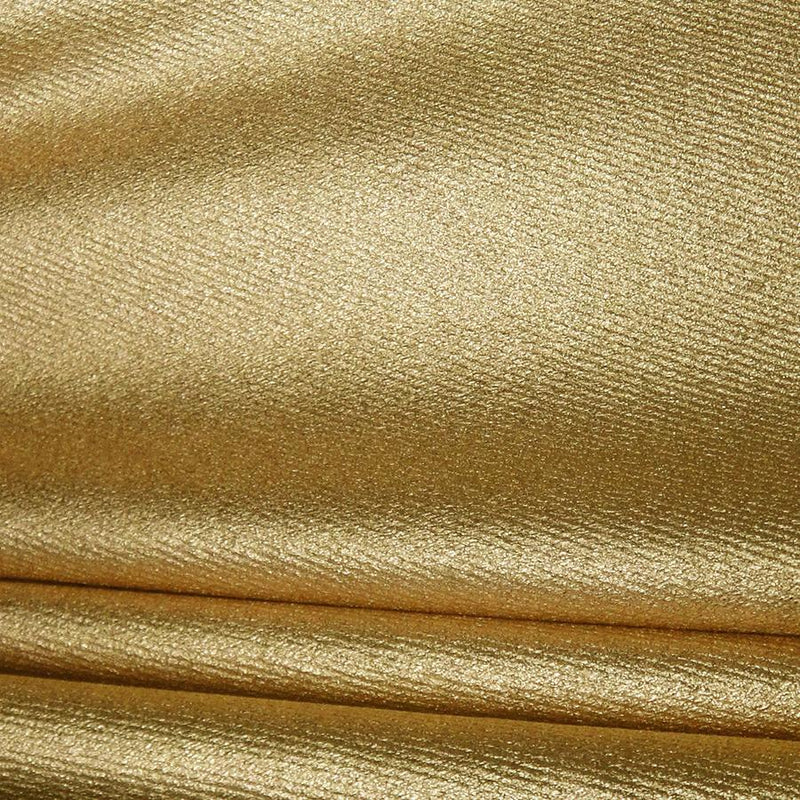 A sample of sleek foiled stretch twill in the color gold.