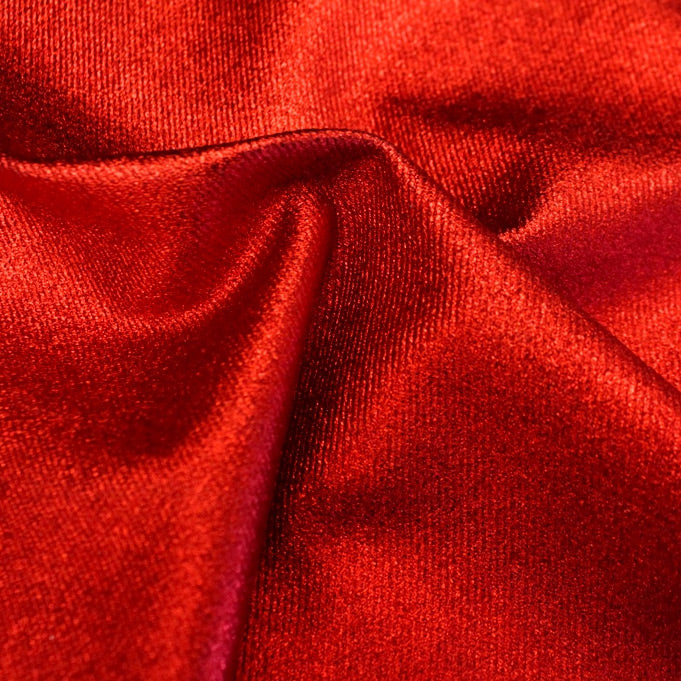 A sample of sleek foiled stretch twill in the color Red