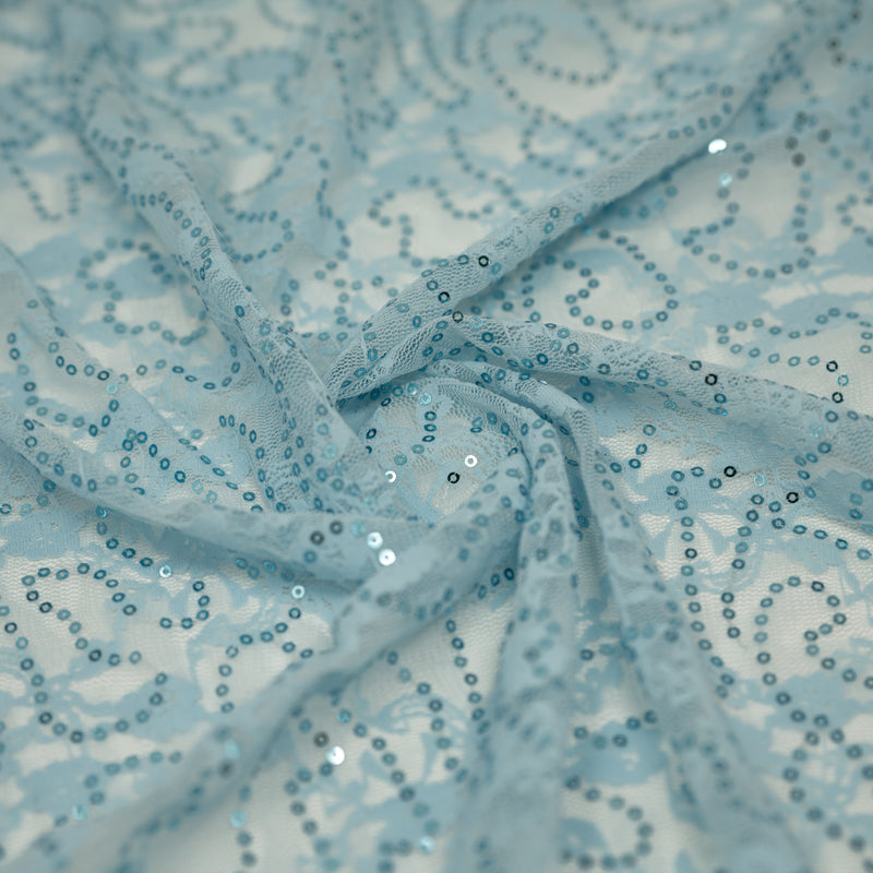 A swirled sample of Sophia Stretch Lace Sequin in Baby Blue.