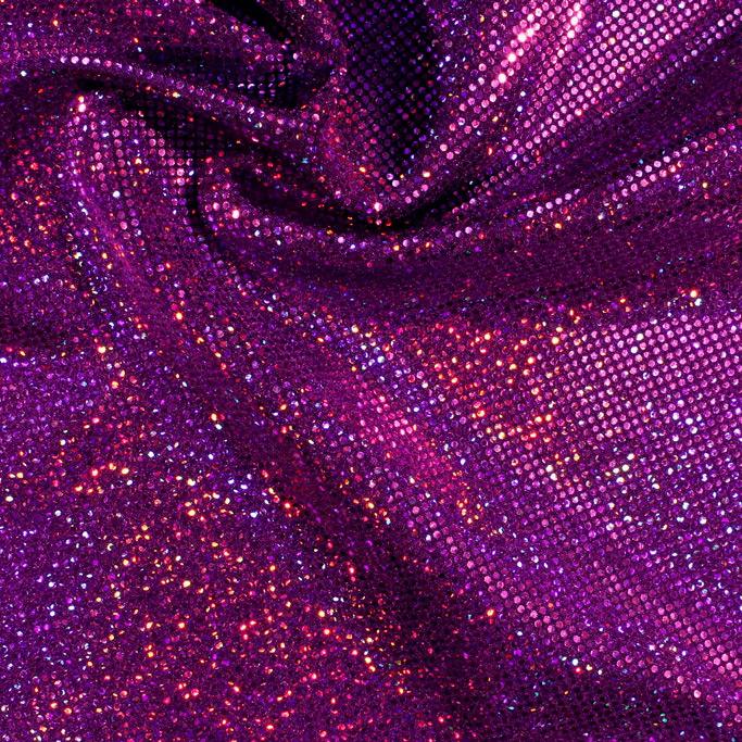 A folded sample of sparkles foiled spandex in the color amethyst purple.