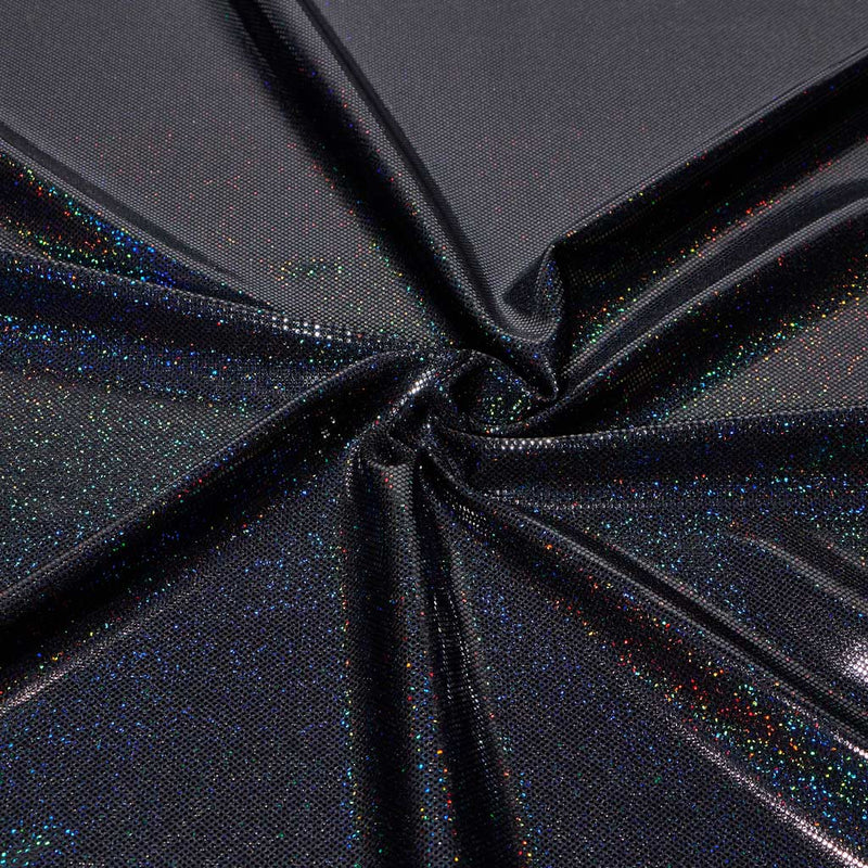 A folded sample of sparkles foiled spandex in the color black-black.