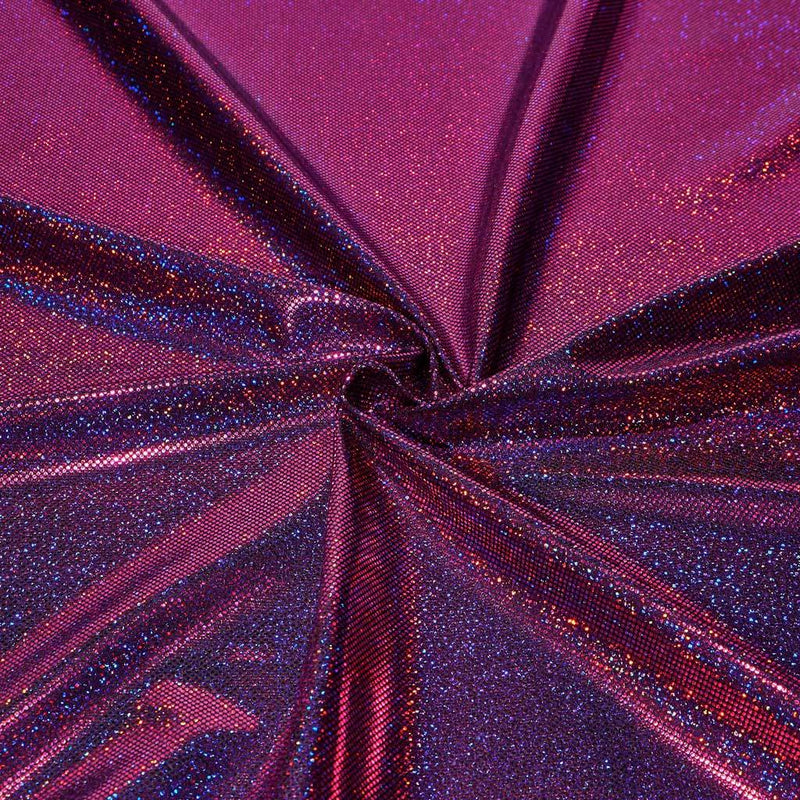A folded sample of sparkles foiled spandex in the color black-fuchsia.