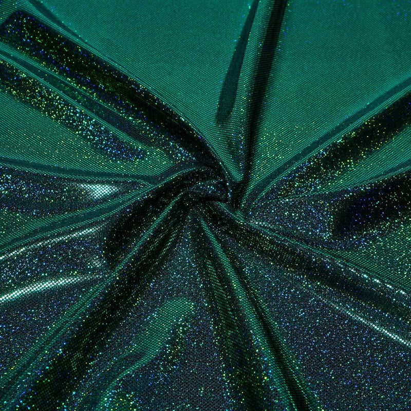 A folded sample of sparkles foiled spandex in the color black-kelly green.