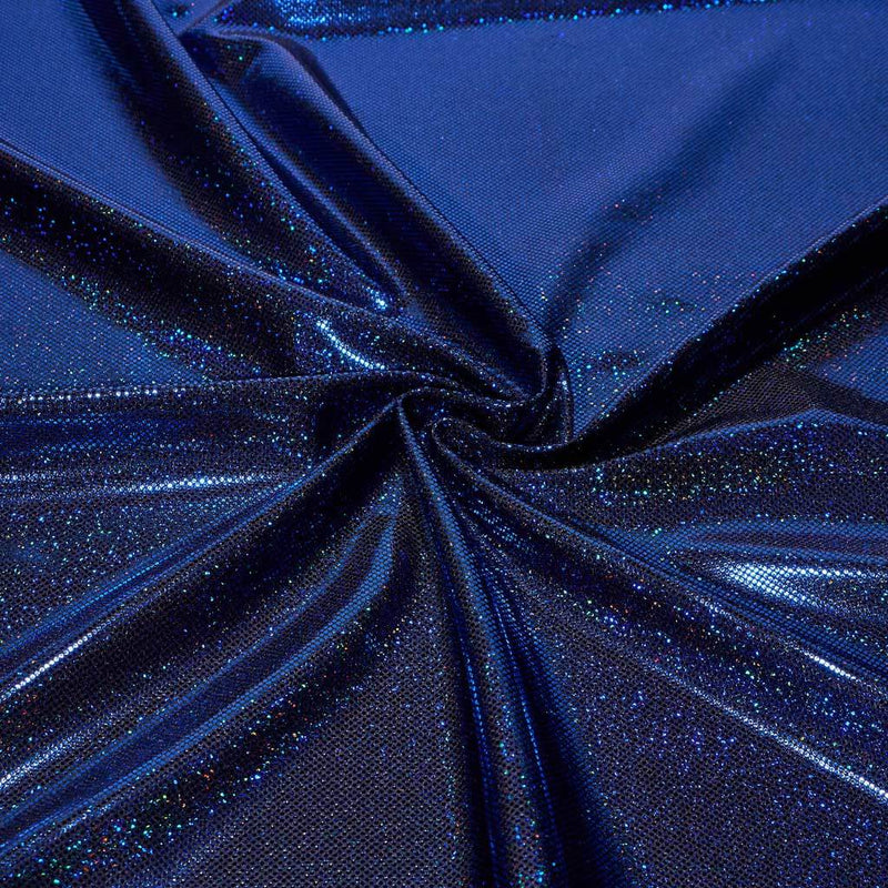 A folded sample of sparkles foiled spandex in the color black-royal.