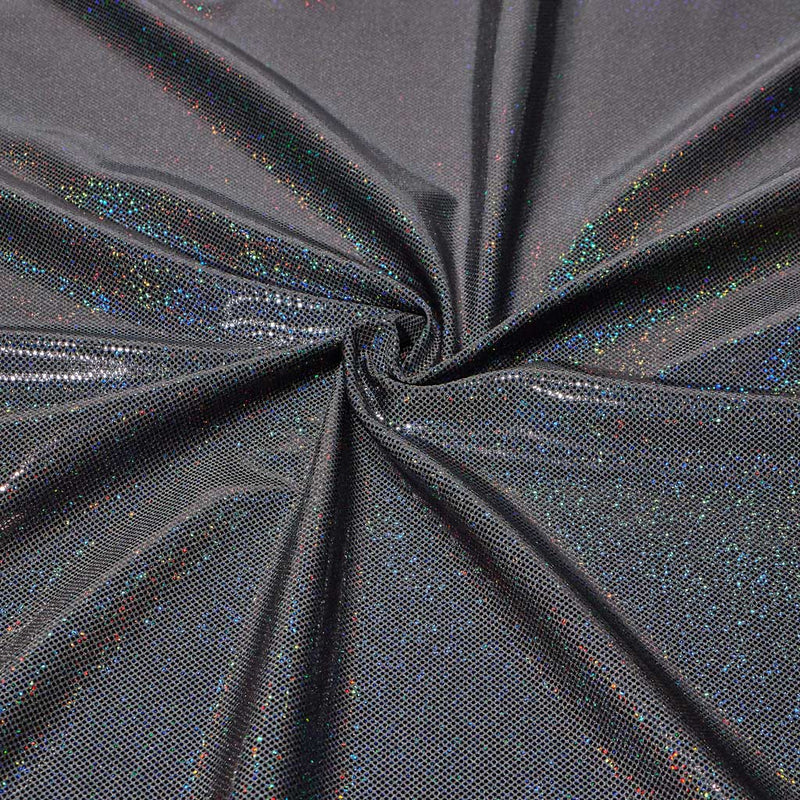 A folded sample of sparkles foiled spandex in the color gunmetal-black.