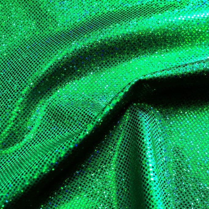 A folded sample of sparkles foiled spandex in the color kelly green.