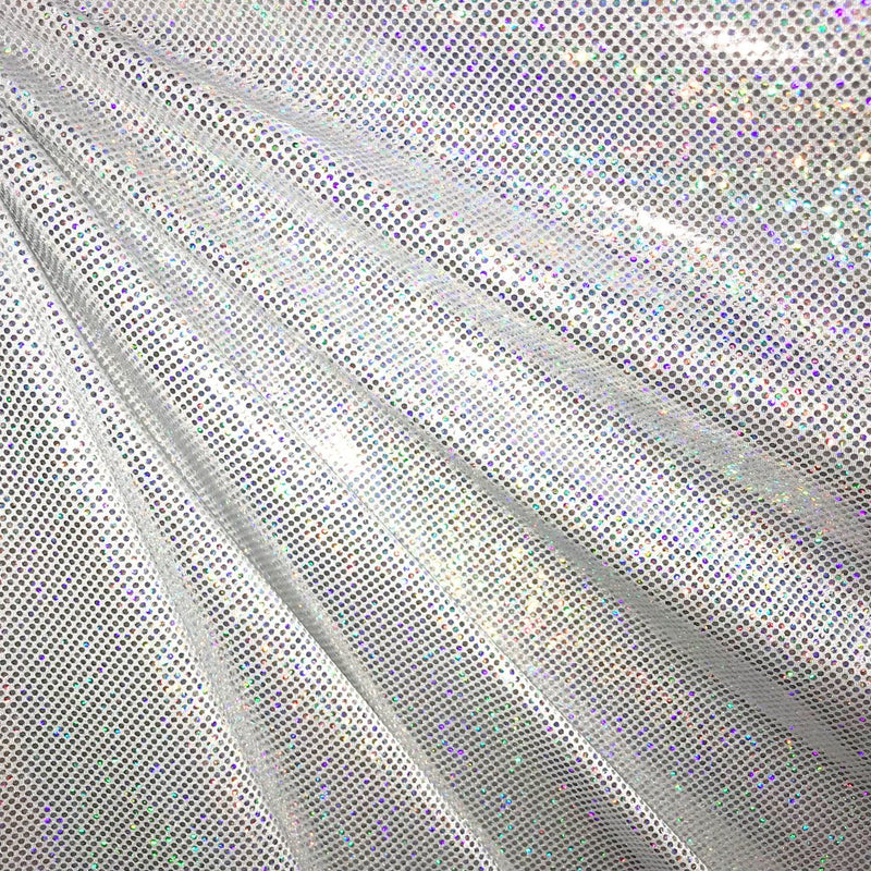 A folded sample of sparkles foiled spandex in the color white-silver.