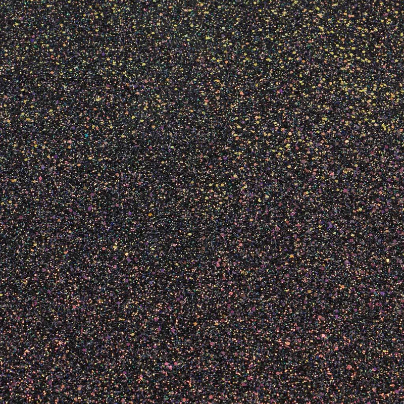 A flat sample of Stardust Chunky Glitter on Twill in the color Black-Iridescent