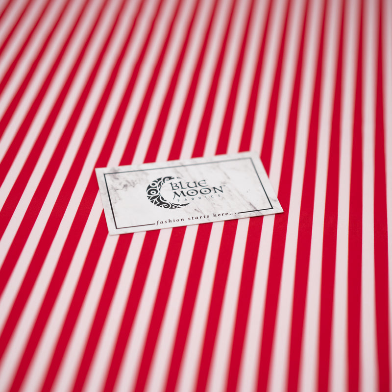 A flat sample of Striped 1/4" Printed Spandex in the color Red and White