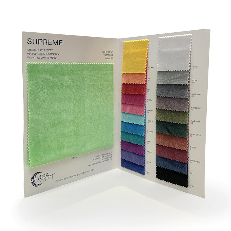 The inside spread of the color card for Supreme Stretch Velvet.