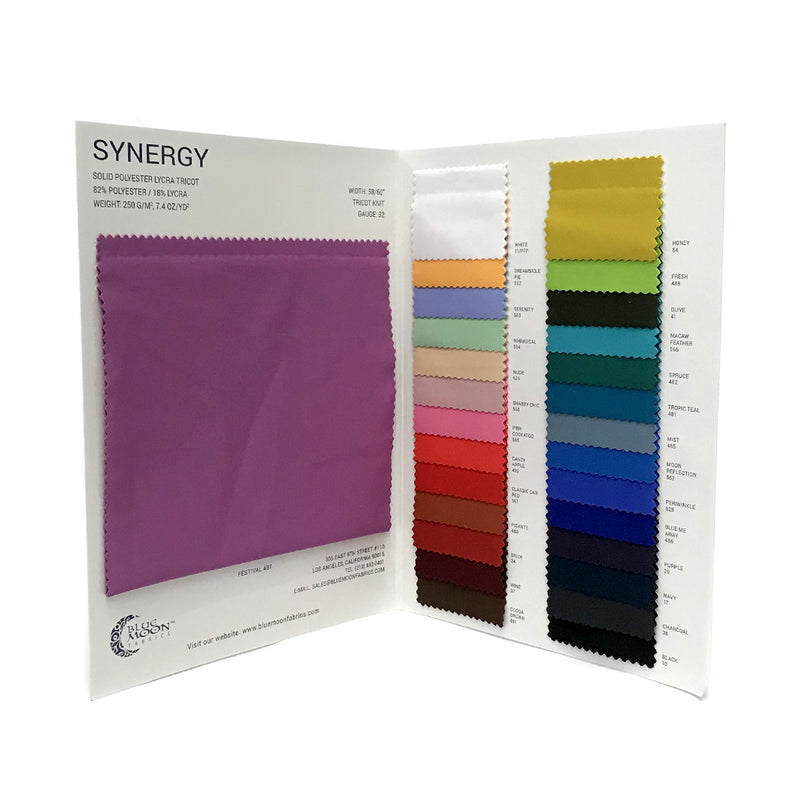 The inside spread of the color card for Synergy Polyester Lycra.