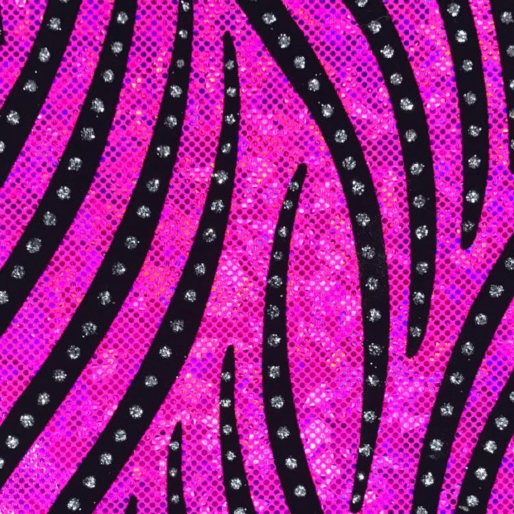 A flat sample of Tiger Shattered Glass Foiled Spandex in the color Fuchsia