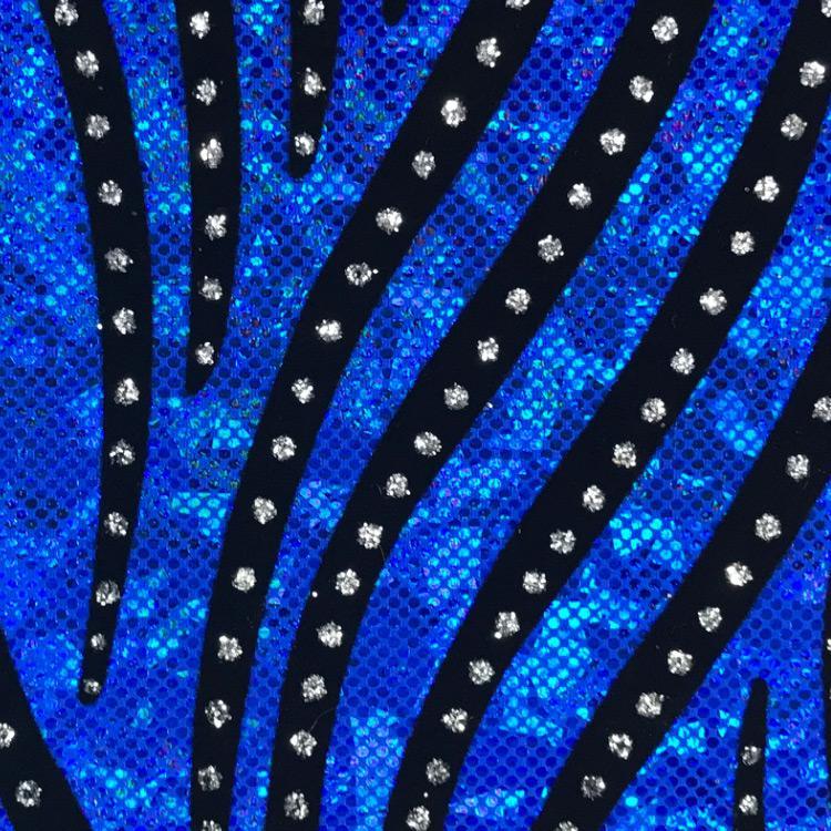 A flat sample of Tiger Shattered Glass Foiled Spandex in the color Sapphire