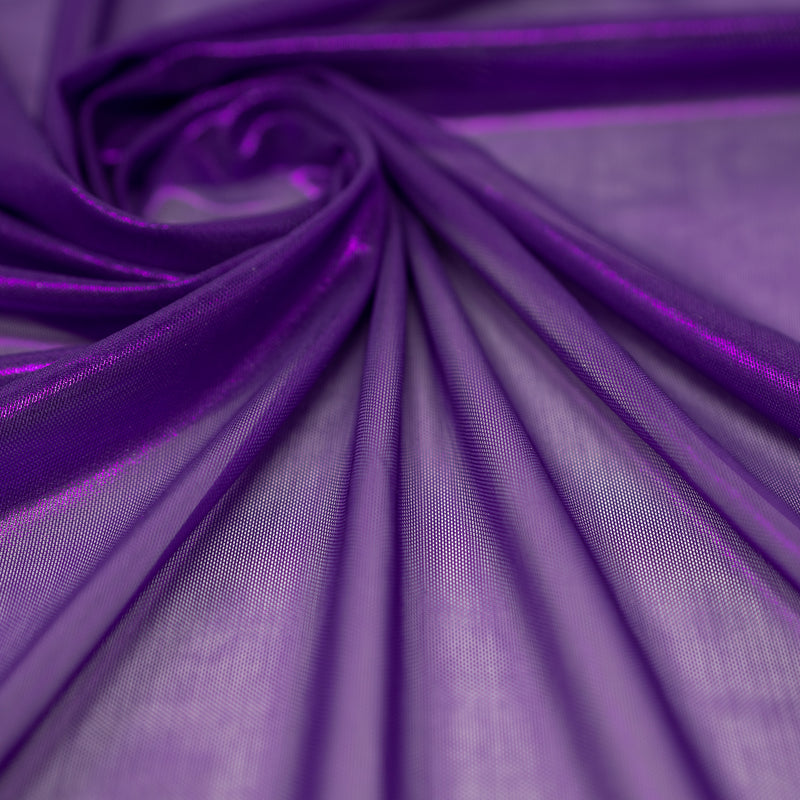 A swirled sample of ultrasheen foiled power mesh with a Eggplant and Purple foil available at Blue Moon Fabrics.